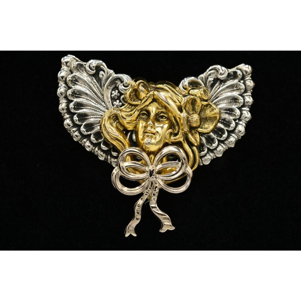 Jane AOL Vintage Angel Pin Brooch Wing Woman Bow Gold Silver 1994 Signed BinF
